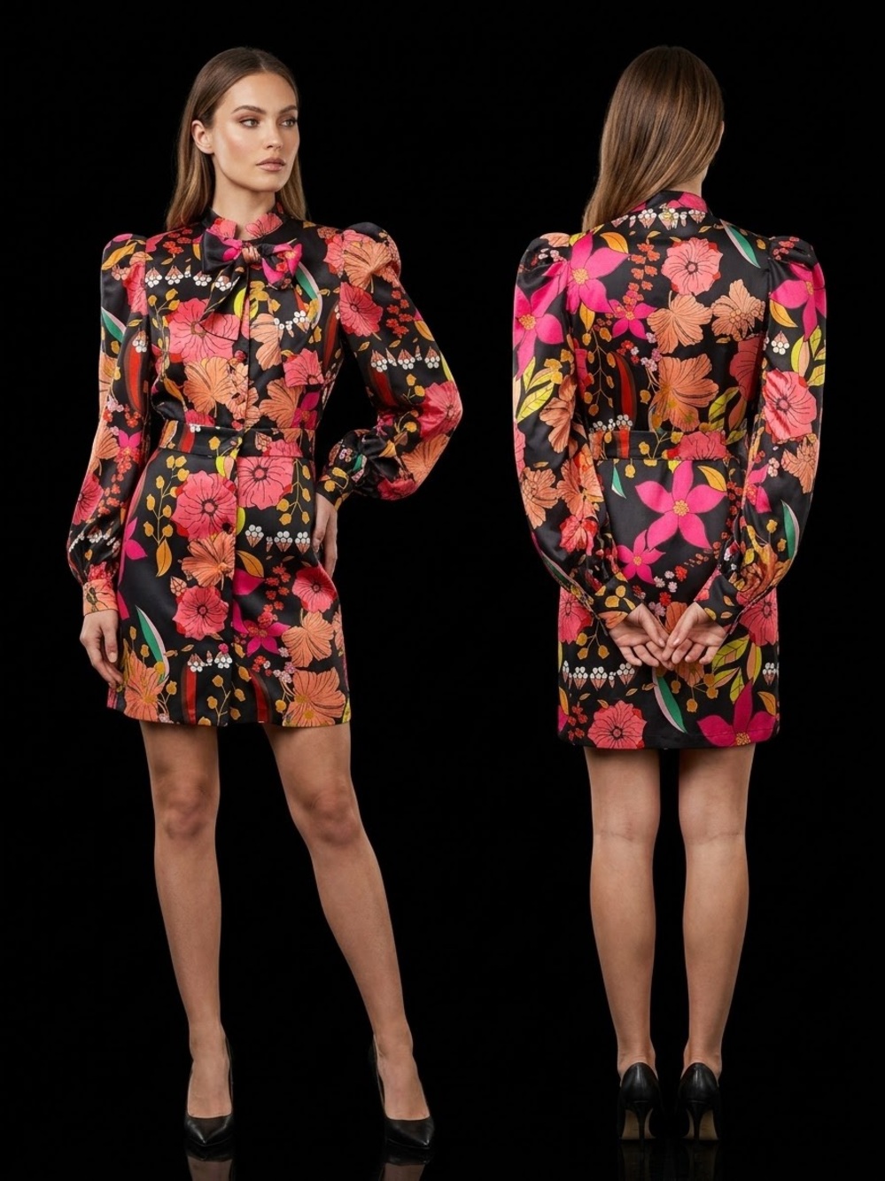 Tie-Neck Floral Puff-Sleeve Mini Dress in Black and Pink